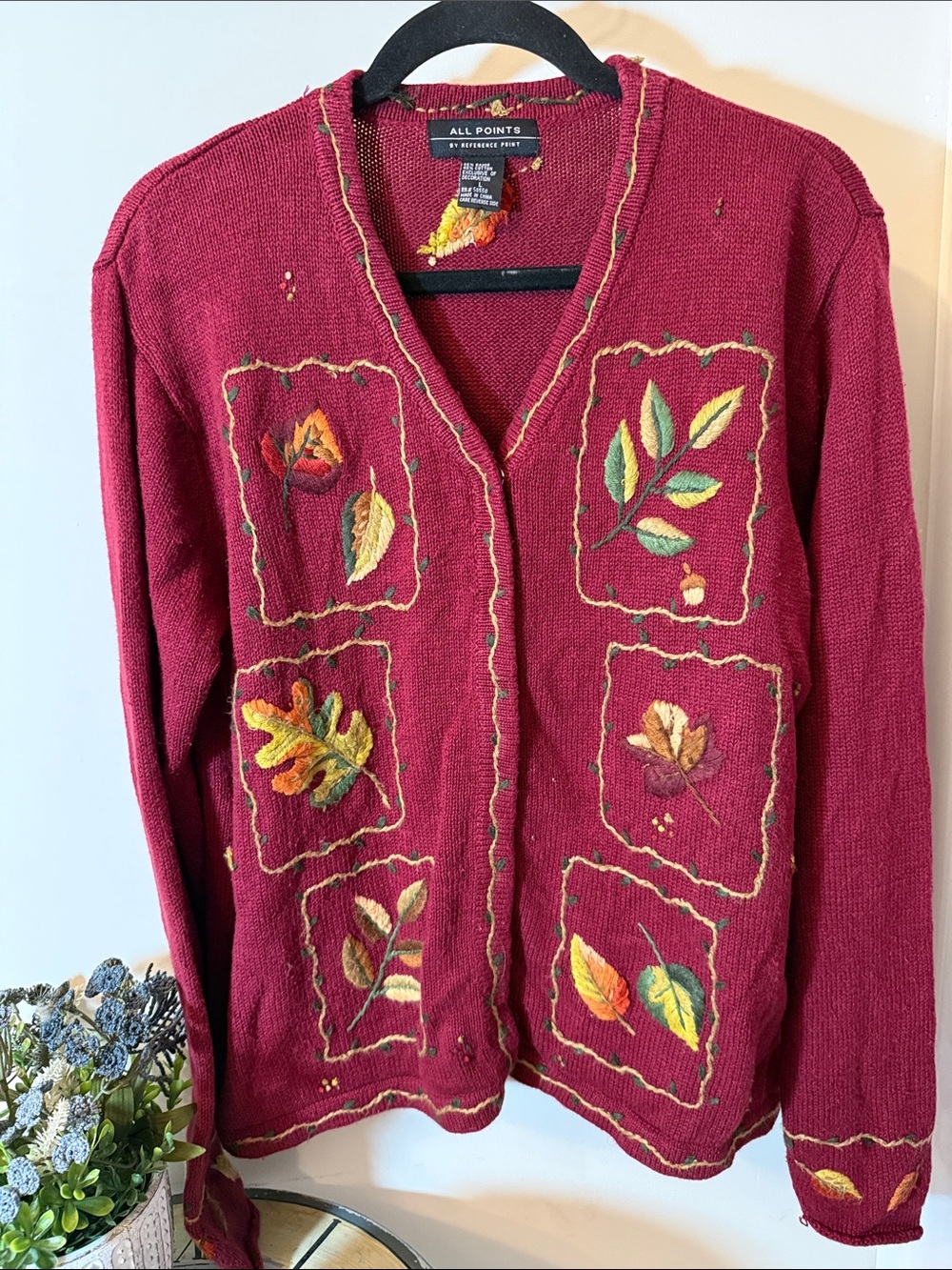 Vintage All Points Women's wine colored Embroidered Leaf Cardigan Sweater